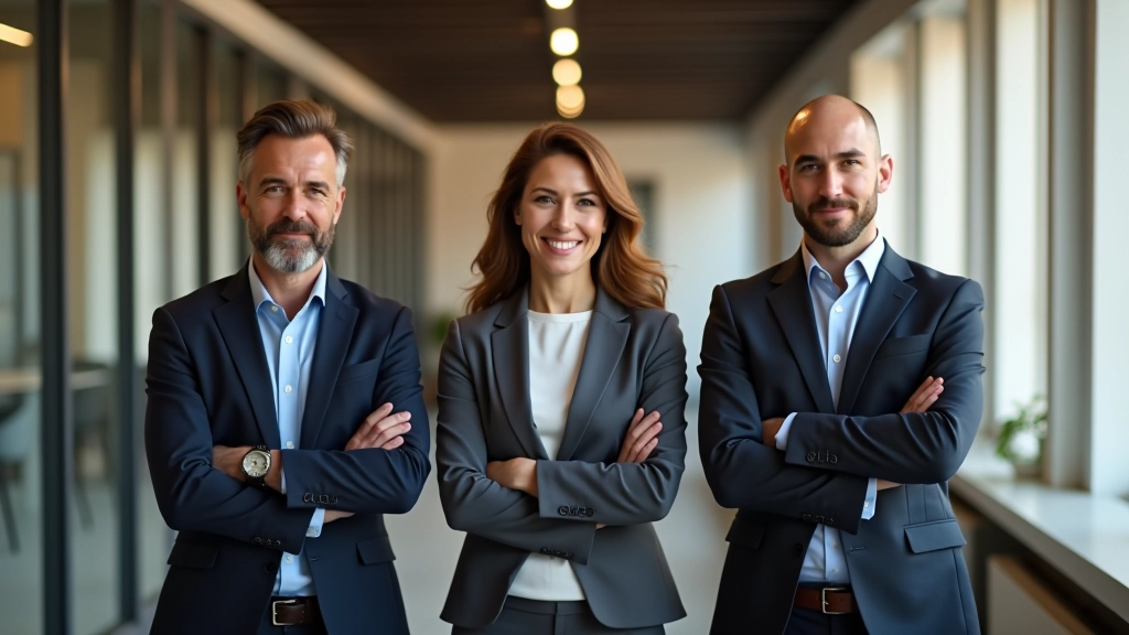 Team van diverse professionals met armen over elkaar, unity moment, kantoorgang