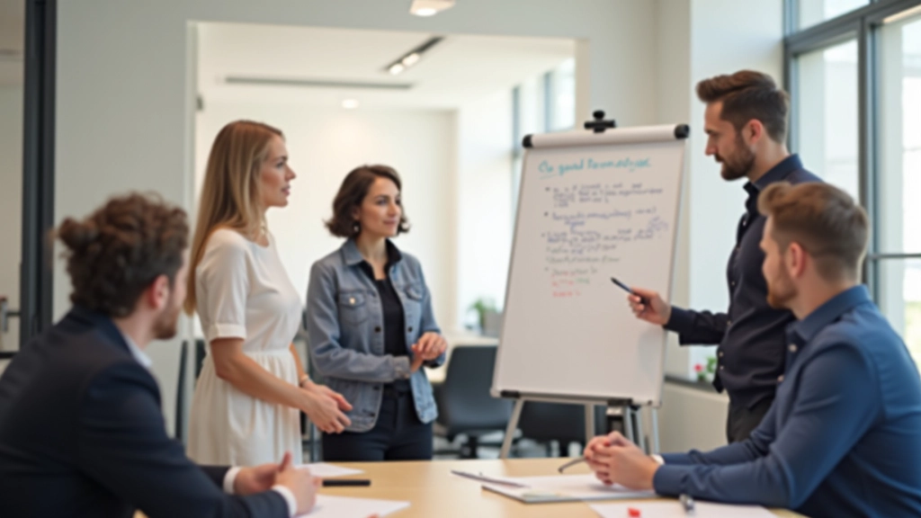Team rond whiteboard met aantekeningen, intense focus, collaborative workspace, heldere verlichting