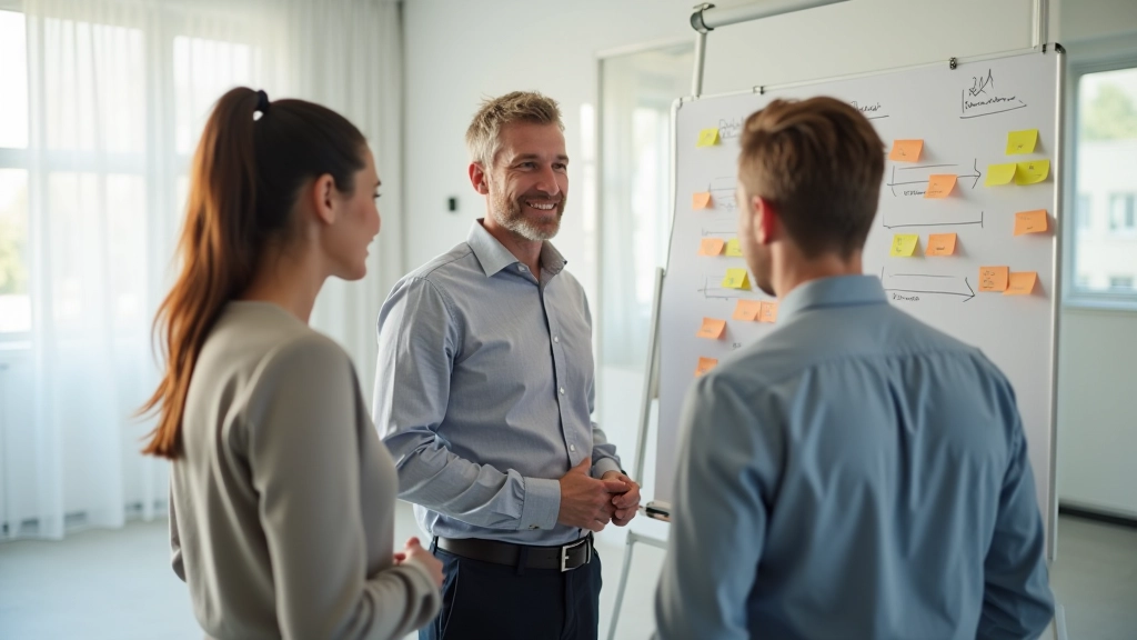 Team brainstorm sessie, diverse groep, whiteboard, creatieve energie, collaboratieve sfeer