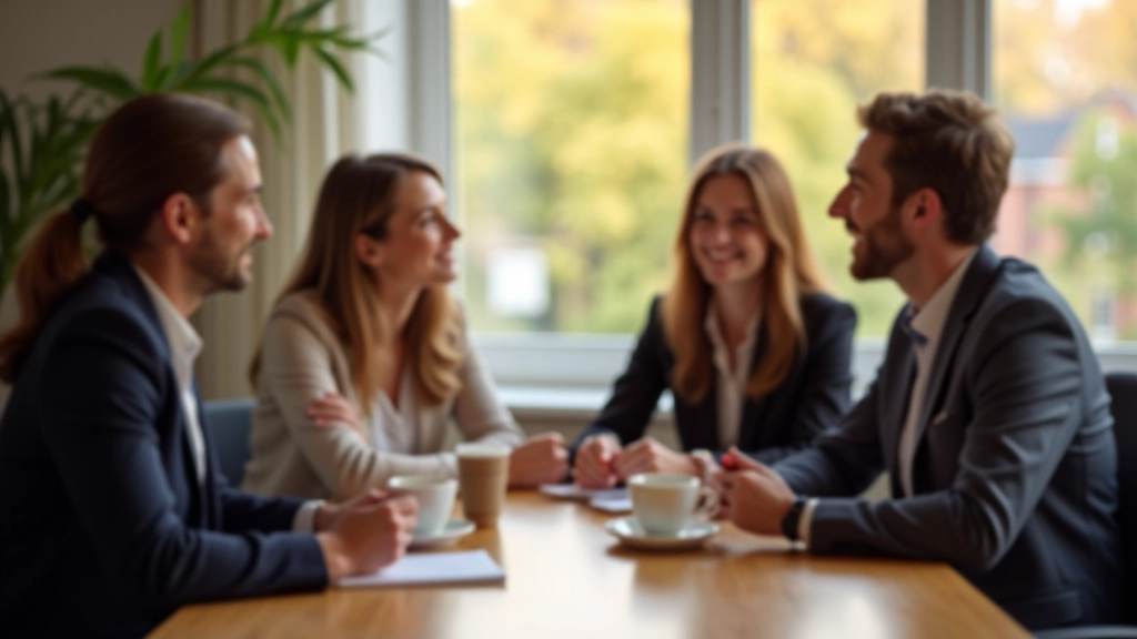 Groep professionals in gesprek rond tafel met kopjes koffie, open lichaamshouding, warme kantooromgeving