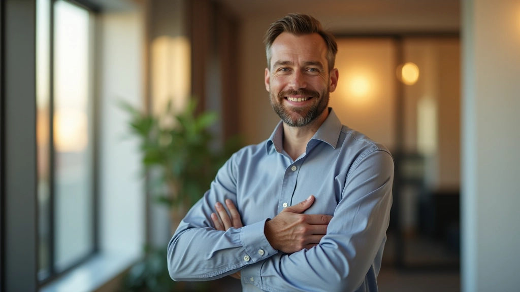 Leider in reflectief moment, hand op borst, raam met uitzicht op kantoor, warme verlichting