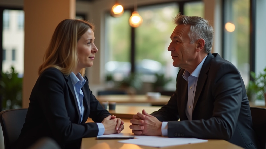 Leider zittend met teamlid, gezichtcontact, open lichaamstaal, kantoor omgeving met natuurlijk licht