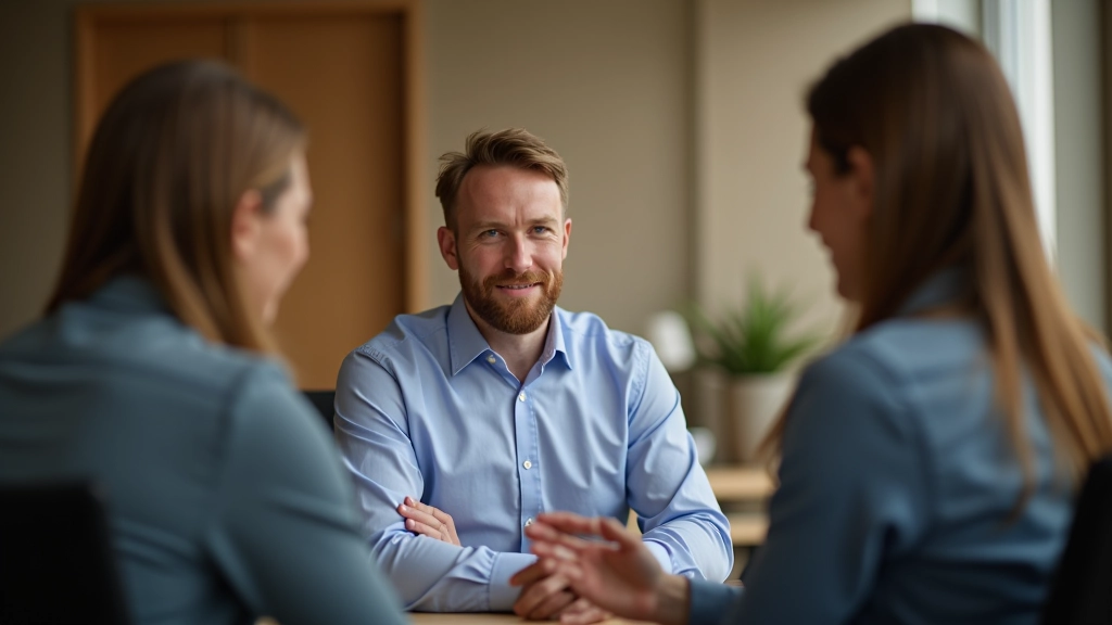 Manager in gesprek met medewerker, oogcontact, luisterende houding, kantoorkamer