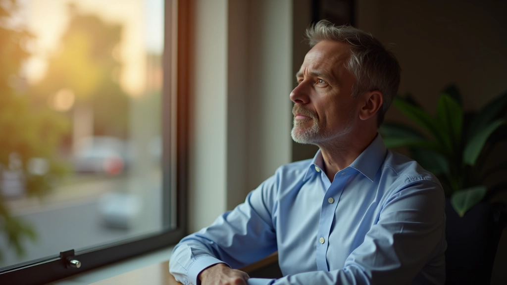 Leider in reflectief moment bij raam, open en zelfbewust, kantoor licht, persoonlijk moment