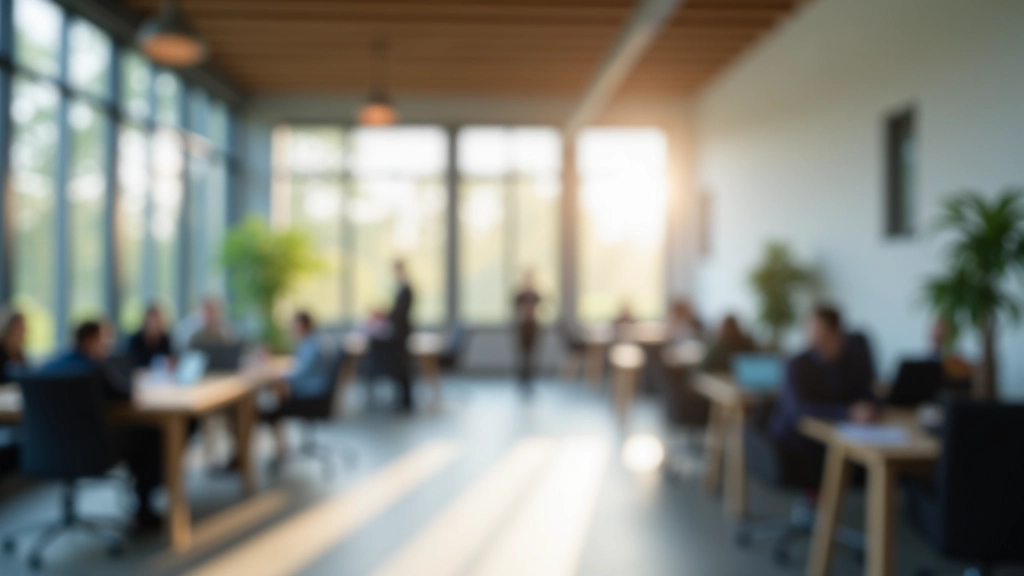 Modern kantoor met team in gesprek, warme verlichting, open ruimte