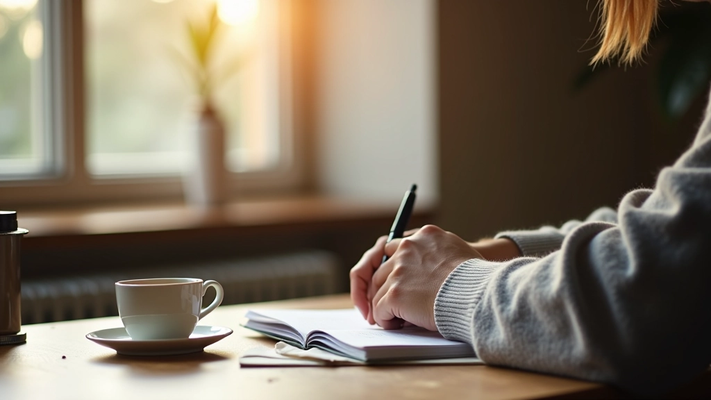 Persoon aan bureau met notitieboek en pen, reflectief moment, kopje thee naast, ochtendlicht door raam
