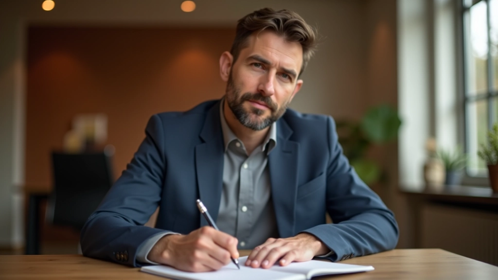 Professioneel: persoon schrijft waarden op in notitieboek, reflectief moment, warm kantoorlicht