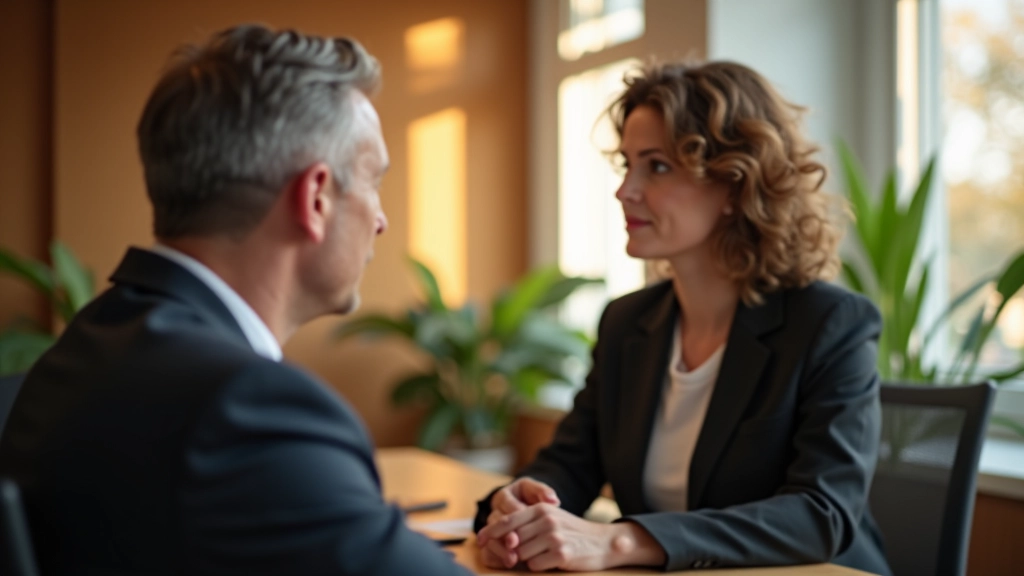 Twee personen in professionele setting, één persoon luistert aandachtig, kantooromgeving