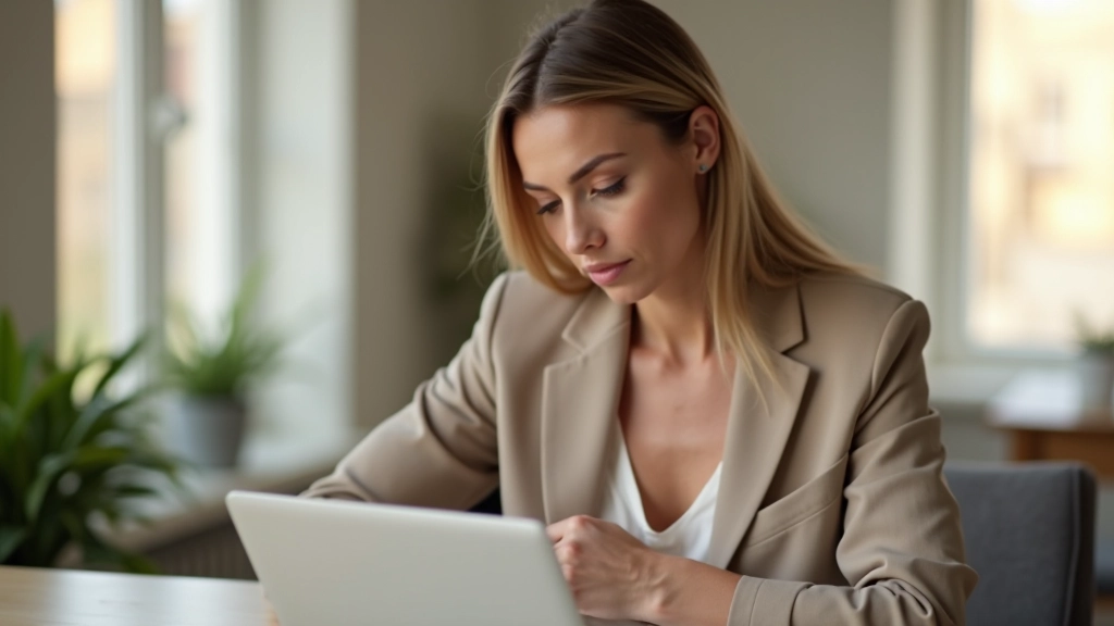 Persoon zittend bij bureau met laptop, hand op borst, introspectief moment, kalme werkplek