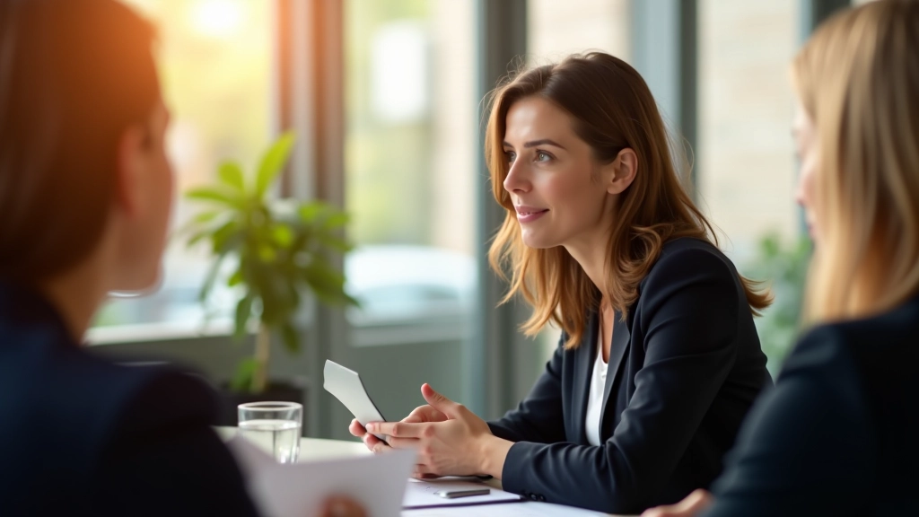 Professional woman in meeting, leaning forward attentively, listening to colleague, bright conference room